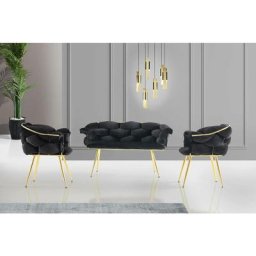 Ensemble canapé 2 places et 2 fauteuils Krogh Métal Or et Velours Noir - Noir