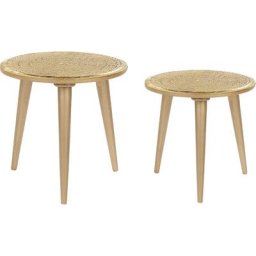 Lot de 2 Tables d'Appoint Dorées en Bois de Manguier Motif de Plantes Rond Narra - Doré