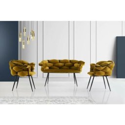 Ensemble canapé 2 places et 2 fauteuils Krogh Métal Noir et Velours Ochre - Ocre