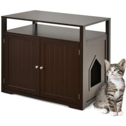 Buffet Commode en Bois 2 en 1 Meuble à Litière Chats avec 2 Chatières Placard 2 Portes Cloison