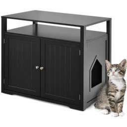 Buffet Commode en Bois 2 en 1 Meuble à Litière Chats avec 2 Chatières Placard 2 Portes Cloison