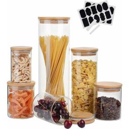 Bocal Verre, Boîte de Rangement Cuisine avec Bouchon en Bambou, 6 Pcs Pots de Conservation (1x 2100