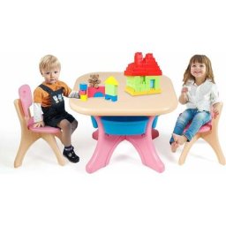 Ensemble de Table et 2 Chaises pour Enfants, Set 1 Table et 2 Chaises, 4 Paniers de Rangement en