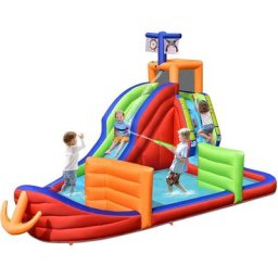 Château Gonflable en Forme de Bateau Pirate avec Toboggan, Mur d'Escalade et Pataugeoire, Château