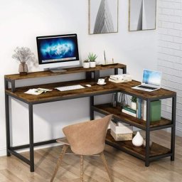 Bureau en Forme de l, Table d'Angle avec étagère de Rangement & Support d'écran, Table d'étude,