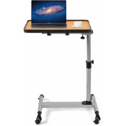GOPLUS Table d’Ordinateur Reglable a roulettes, Table de Lit Mobile en Bois et Metal, Hauteur