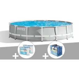 Intex - Kit piscine tubulaire Prism Frame ronde 4,57 x 1,07 m + Bâche à bulles + 6 cartouches de
