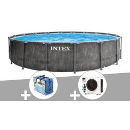 Intex - Kit piscine tubulaire Baltik ronde 5,49 x 1,22 m + Bâche à bulles + Pompe à chaleur - Gris