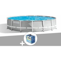 Intex - Kit piscine tubulaire Prism Frame ronde 4,57 x 1,07 m + Bâche à bulles - Gris
