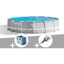 Intex - Kit piscine tubulaire Prism Frame ronde 4,57 x 1,07 m + Bâche à bulles + Aspirateur - Gris