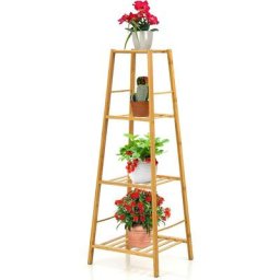 Tagère à Fleurs en Bambou avec Revêtement de Vernis Lisse, Support de Pots Charge Max 20kg/30kg,