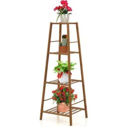 Tagère à Fleurs en Bambou avec Revêtement de Vernis Lisse, Support de Pots Charge Max 20kg/30kg,