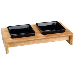 Gamelle double Trixie en céramique/bois pour chien et chat - capacité : 2×0,2L, L28×l15×H5cm