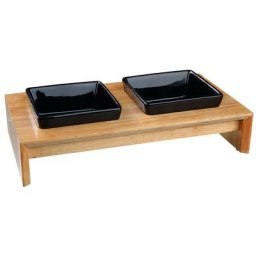 Trixie Gamelle double 2x 0,4L en céramique/bois , L36×l19×H7cm pour chien et chat