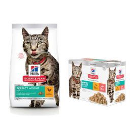 7kg Adult Perfect Weight poulet Hill's Science Plan croquettes pour chat + 12x85g Adult Perfect Weight poulet, saumon Hill's Science Plan nourriture humide pour chat offerte