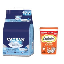 18L Litière minérale Catsan Hygiène plus + 2x350g mega tube poule Catisfactions pour chat