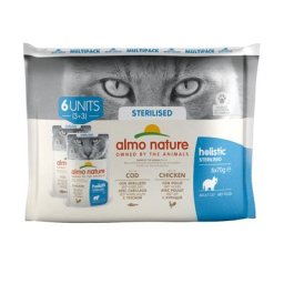 24x70g Sterilised, lot mixte, poulet, cabillaud Holistic Almo Nature sachets pour chat