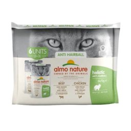 Almo Nature Holistic Anti Hairball pour chat - lot mixte : 12 x 70 g poulet + 12 x 70 g bœuf