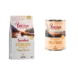24x400g filet de poulet, sanglier Purizon Boîtes pour chat + 400g croquettes