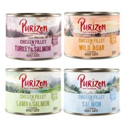 Lot Purizon Adult 24 x 200 g pour chat - sans céréales - lot mixte (8 x saumon, 8 x sanglier, 4 x saumon & agneau, 4 x dinde & saumon)
