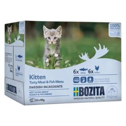 12x85g Bouchées en sauce Kitten sélection à la viande et au poisson Bozita - Pâtée pour chat