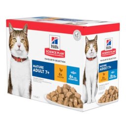 Hill's Science Plan Senior 11+ poulet pour chat - En complément : 12 x 85 g sachets Hill's Science Plan Mature Adult 7+ poulet, poisson