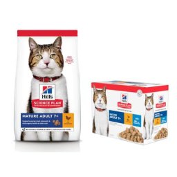10kg Mature Adult poulet Hill's Science Plan croquettes pour chat + 12x85g Mature Adult 7+ sélection poulet & poisson Hill's Science Plan nourriture humide pour chat offerte