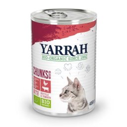 12x405g Chunks : poulet bio, bœuf bio, orties bio, tomates bio en sauce (405 g) Bio Yarrah nourriture humide pour chat : 25 % de remise !