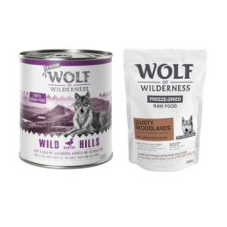 Boîtes Wolf of Wilderness pour chien 24 x 800 g + friandises 250 g en cadeau ! - Senior Wild Hills, canard