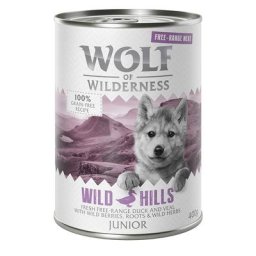 6x400g Junior Wild Hills Free Range canard, veau Wolf of Wilderness nourriture humide pour chien