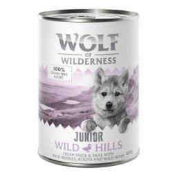 6x400g Junior Wild Hills, canard, veau Wolf of Wilderness nourriture humide pour chien