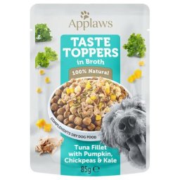 12x85g Applaws Taste Toppers en bouillon thon, potiron, choux verts - Pâtée pour chien