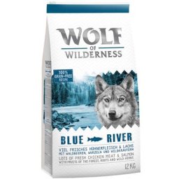 2x12kg Wolf of Wilderness lot mixte : Adult Blue River, saumon + Adult Wild Hills, canard