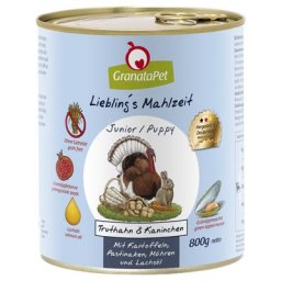 6x800g Junior Liebling's Mahlzeit dinde, lapin, pommes de terre, panais, huile de saumon Granatapet