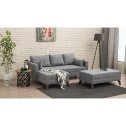 Canapé d'angle gauche convertible avec pouf Hermoso Tissu Gris - Gris