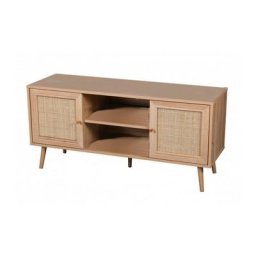 Meuble tv bali sur pieds 2 portes 1 étagère - Cannage rotin -Effet bois clair - 120 x 39 x h 56.5