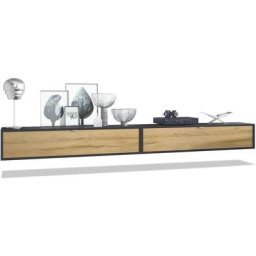 Vladon - Ensemble de 2 set meuble tv Lana 140 lowboards noir mat - haute brillance - Façades en
