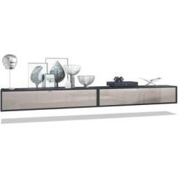 Ensemble de 2 set meuble tv Lana 140 lowboards noir mat - haute brillance - Façades en Gris sable