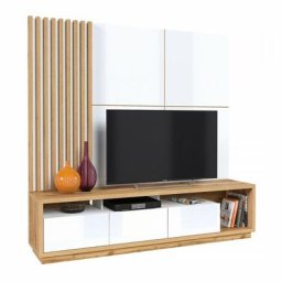 Meuble tv xl avec fond mural décoratif collection clara. Couleur chêne et blanc brillant. - Blanc