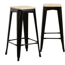 Thinia Home - Lot 2 Tabourets Industriels Solides avec Siège en Bois 42x42x76.5cm Noir