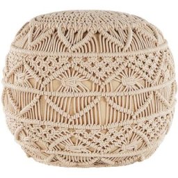 Pouf rond de 40 cm de Diamètre en Tissu Coton Beige avec Rembourrage en Billes de Polystyrène pour