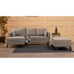 Canapé d'angle gauche convertible avec pouf Hermoso Tissu Blanc crème - Crème
