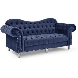 Canapé 3 places chesterfield courbé en velours bleu et pieds en métal argenté - rachel - bleu
