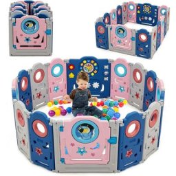 Parc Bébé 16 Panneaux Pliables avec 2 Portes Jouets Educatifs Verrou Boutons Sonores en Plastique