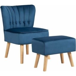 Fauteuil Velours de Salon Pieds en Bois Hévéa avec Repose-Pieds, Fauteuil d'Appoint Scandinave