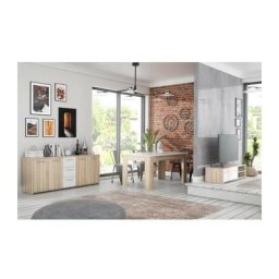 Pilvi ensemble Meuble TV Buffet & Table a manger - Blanc mat et chene sonoma