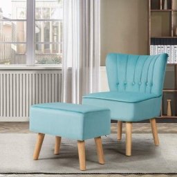 Fauteuil Velours de Salon Pieds en Bois Hévéa avec Repose-Pieds, Fauteuil d'Appoint Scandinave