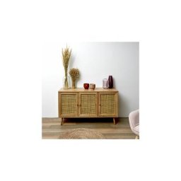 Buffet 3 portes 115x39x70 cm en bois et cannage naturel - hury