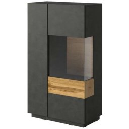 Buffet haut avec led collection kiles deux portes. Coloris gris anthracite et chêne. Porte vitrée à