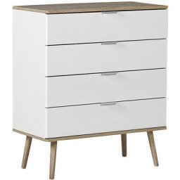 Commode 4 Tiroirs Spacieux Blancs avec Pieds Obliques en Bois Clair Meuble de Rangement Pratique